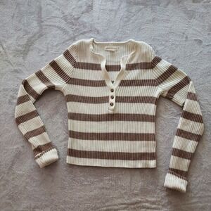 Aeropostale M Brown Cream Striped Ribbed Henley Sweater Cropped V Neck Soft Girl